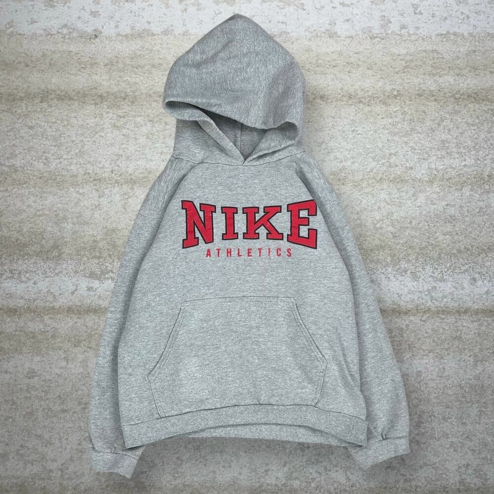 Vintage 90s Nike Hoodie Youth L Grey Red Spellout Cotton Pullover USA Made